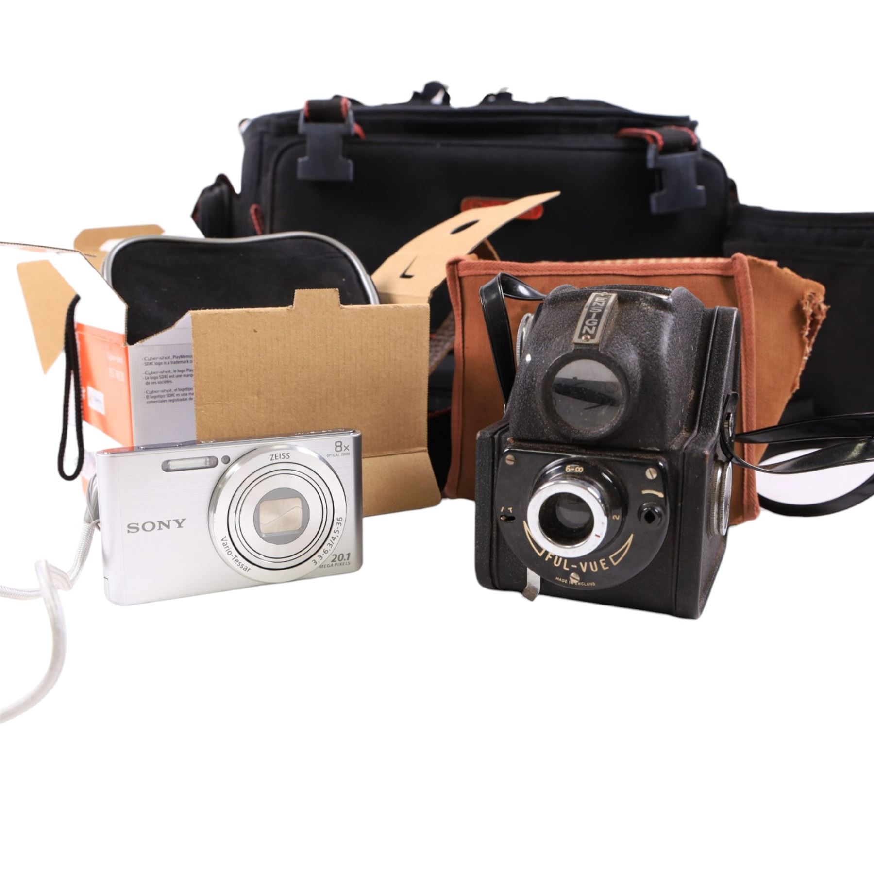 Collection of cameras and lenses including Sony Cyber-shot DSC-W830 serial no. 3225936, Praktica BX20 serial no. 9226279 with Prakticar PB 4-5.6/70-210 MC Pentacon lens, Sigma DL Macro Super 70-300mm lens serial no. 1033689 etc, variously cased