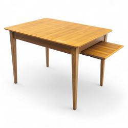 Gordon Russell - mid 20th century teak dining suite, comprising rectangular extending dining table and six matching chairs including one carver, each chair with padded upholstered seat and backrest in vinyl, on square supports, the table with plain top and rounded edges on tapered legs, an example of the firm’s functional post-war design with restrained modernist detailing (Chairs H 85cm, W 47cm, D 46cm) (Extends to 154cm)