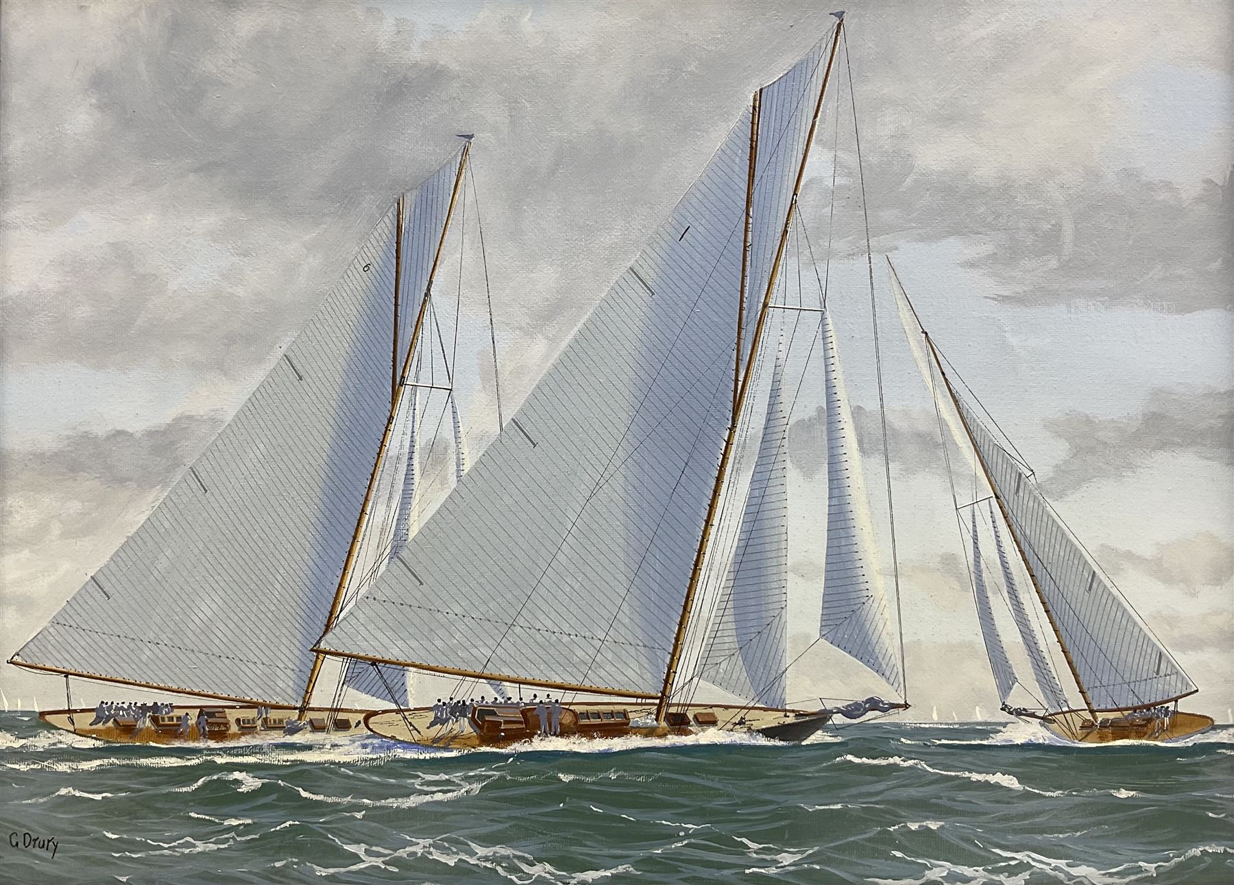 George Drury (British 1950-): 'The Big Class on the Solent - 1926', oil on board signed, titled verso 28cm x 38cm 