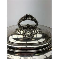 Matthew Boulton silver plated tureen and cover, the body of oval form with twin handles engraved with crest, probably for Whitgreave/Whitgrave family of Moseley Staffordshire, 'Regem Defendere Victum', (To defend the king even in his defeat/To defend the conquered king ), upon four paw feet, the cover with gadrooned rim and foliate loop handle 