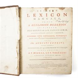 Missale Ecclesiae Rotomagensis published in Latin by Jore, father and son, by the authority of Louis de Lavergne of Tressan 1728, folio in gilt decorated full calf and with metal mounts and Graecum Lexicon Manuale published H Woodfall, London 1766 full calf (2)