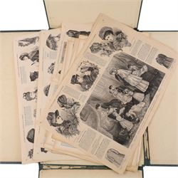 Collection of pages from Le Rire and La Mode illustrée - 19th/20th Century French magazines, lithograph max 37cm x 52cm; Collection of landscapes, portraits and figurative studies in various mediums to include Twilleys of Stamford Winter Landscape needlepoint tapestry, variously signed max 88cm x 71cm (46) (unframed)