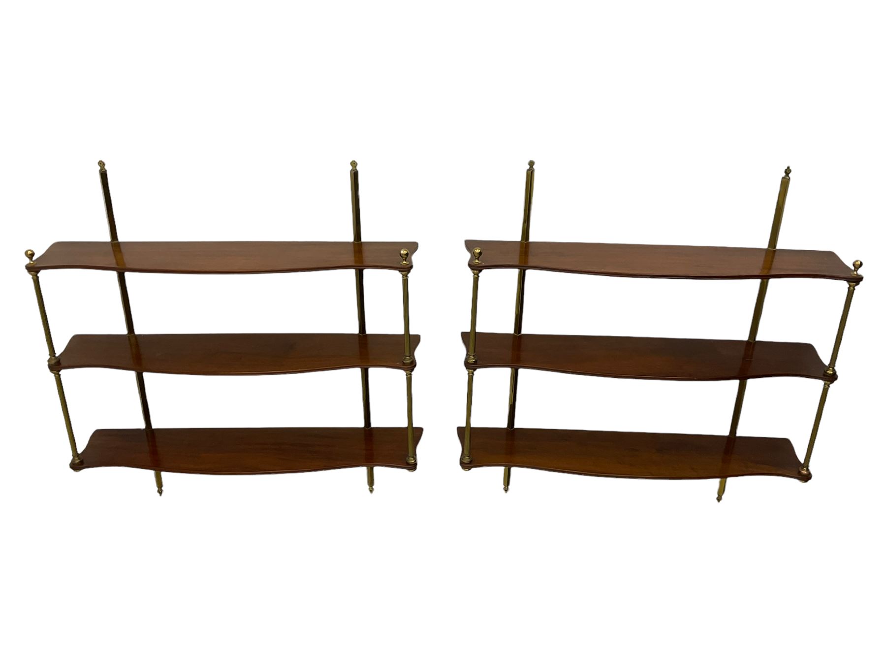 Pair of quality Regency design mahogany serpentine wall hanging shelves, three tiers, with cast brass fixtures, W77cm
