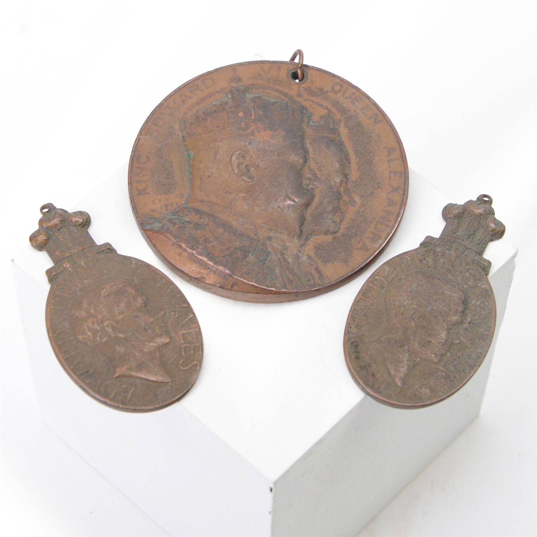 Two Edward Prince of Wales Visit to Bombay 1921 oval bronze medals, the obverse with bust of Edward Prince of Wales, the reverse inscribed ‘Visit of His Royal Highness, Bombay, November 1921, together with a King Edward VII and Queen Alexandra Coronation medal, dated June 1902, largest D6cm