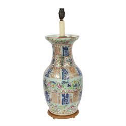 Early 20th century Chinese celadon ground vase, converted to lamp, of baluster form with flared neck and applied twin scroll handles to shoulders, the body decorated with polychrome enamels of birds amongst flowering branches, between bands of archaistic characters in blue, iron red and gilt, including fittings H60cm