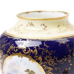 Coalport pot pourri jar and cover, circa 1920, the dark blue ground painted with landscape panels of Helvelly by E.O. (Ted) Ball, printed and painted marks to base, H17cm