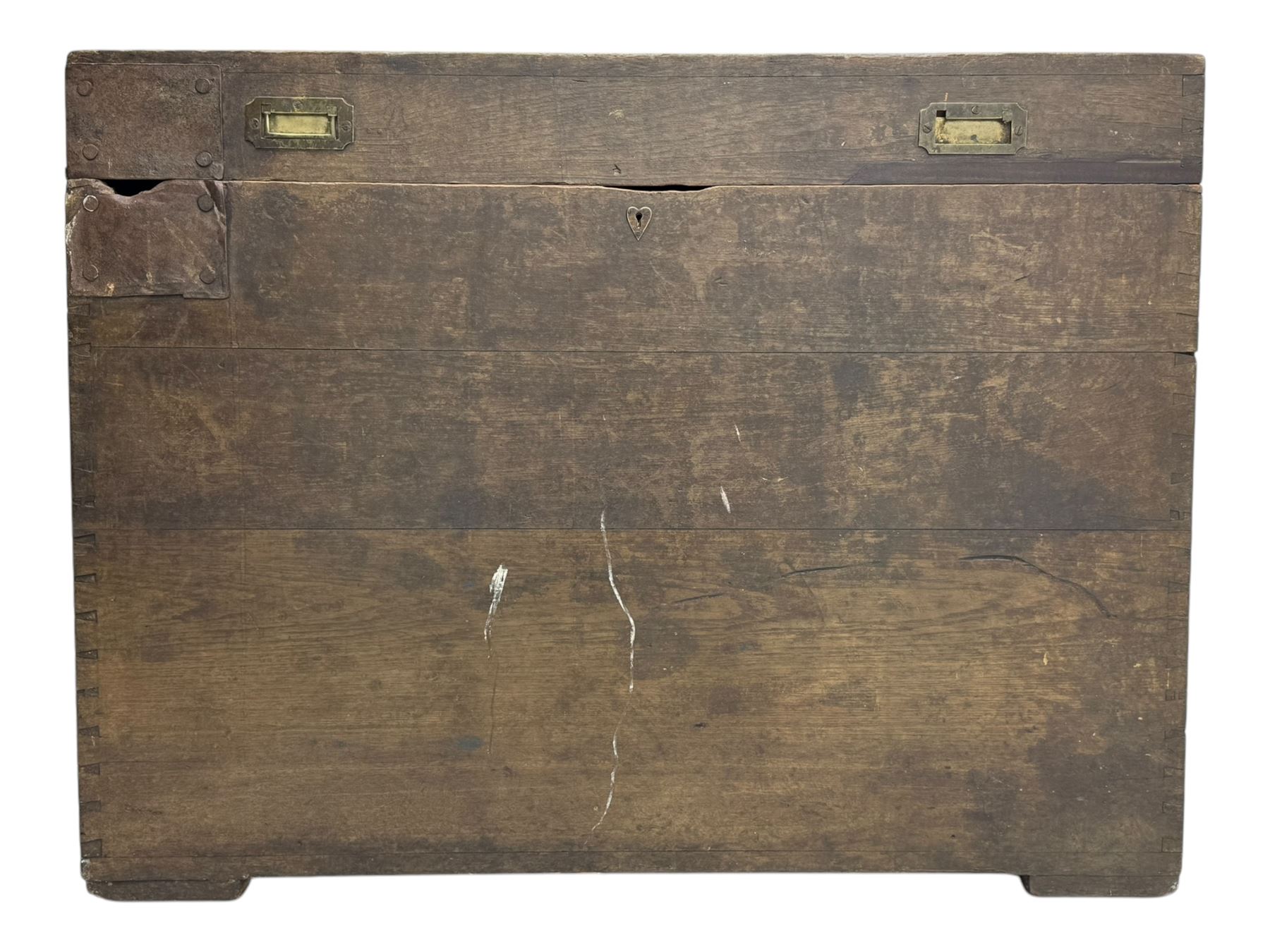 Early 20th century oak blanket chest, of rectangular form with iron strap hinges and surface-mounted drop handles, the interior fitted with iron lid stays, on bracket feet