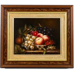 T Stanley (British late 19th/early 20th century): Still Lifes of Peaches Grapes and Foliage, pair of oils on board signed 19cm x 24cm (2)