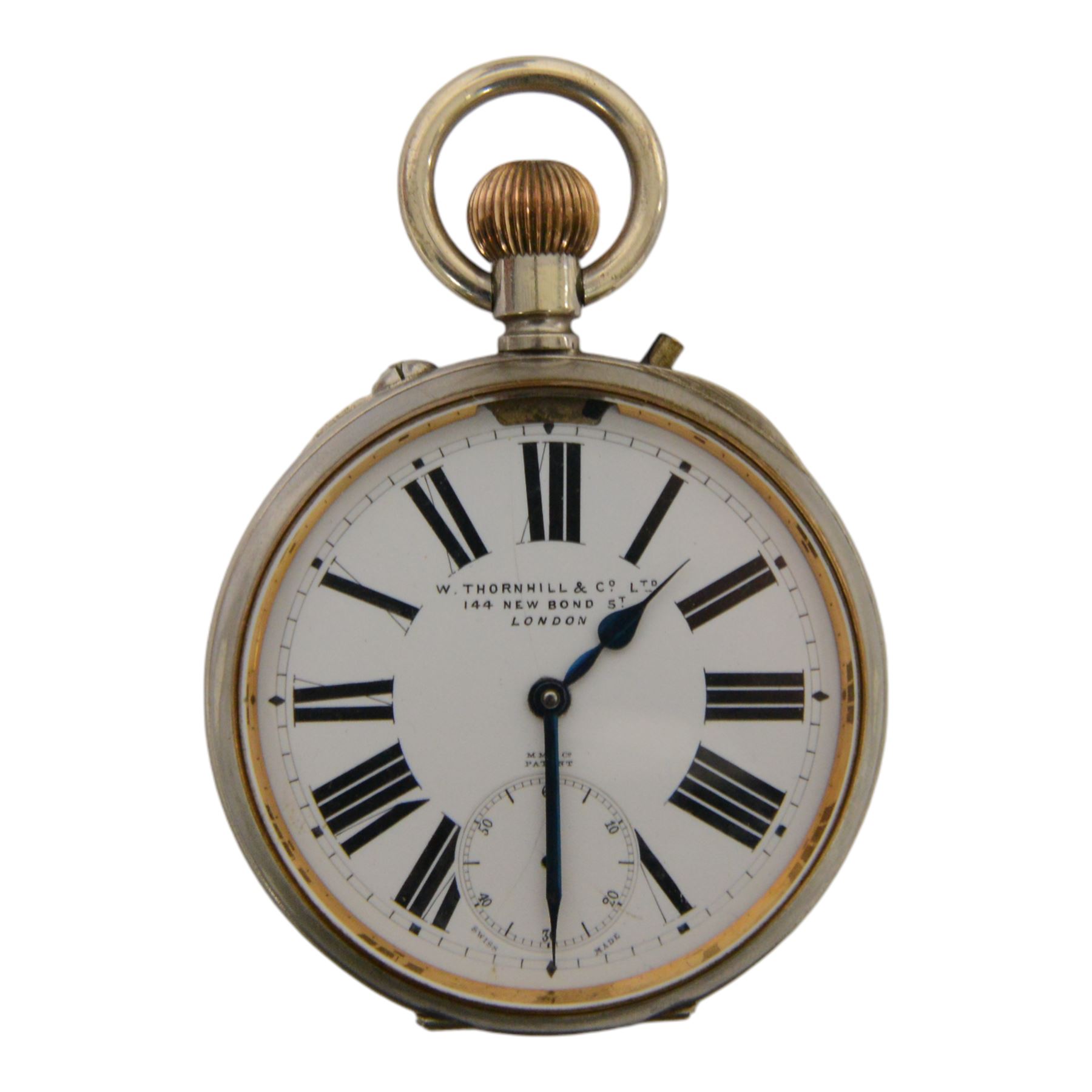 Edwardian mahogany and marquetry miniature longcase clock, the case with ogee top, over arched door flanked by turned columns, the base, door and top with classical urn and floral marquetry detail, housing goliath pocket watch, the white enamel dial with Roman numerals, chapter ring and subsidiary dial, and marked W. Thornhill & Co Ltd 144 New Bond St London, H38cm