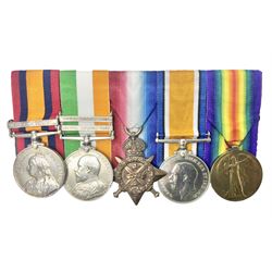 Boer War/WW1 group of five medals comprising Queens South Africa Medal with Transvaal clasp and Kings South Africa Medal with two clasps for South Africa 1901 & 1902 awarded to  2269 Pte. G. Thompson K.R.R.C.; together with British War Medal, 1914 Star and Victory Medal awarded to 6683 Pte. G.H. Thompson 3-HRS.; all with ribbons mounted for display on card; together with copy death certificate following discharge due to being physically unfit and other biographical photocopies.