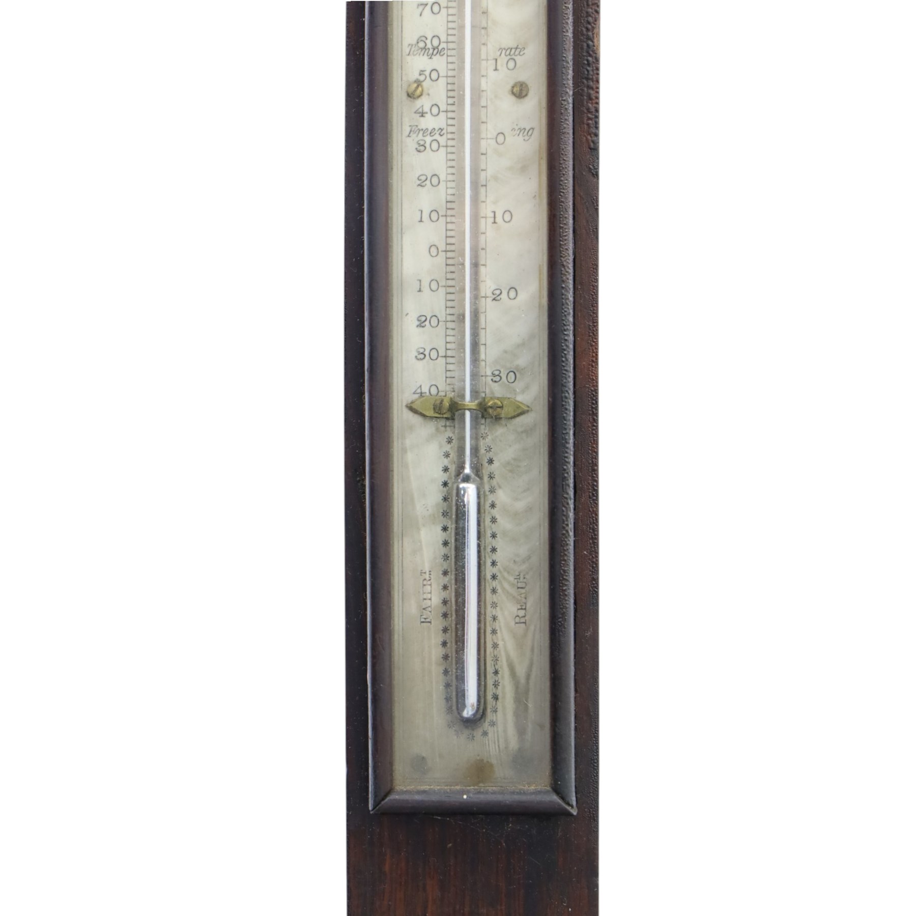 Victorian mahogany mercury stick barometer, the arched glazed register with weather indications and adjustable vernier, above a glazed thermometer and circular cistern cover, H 95cm