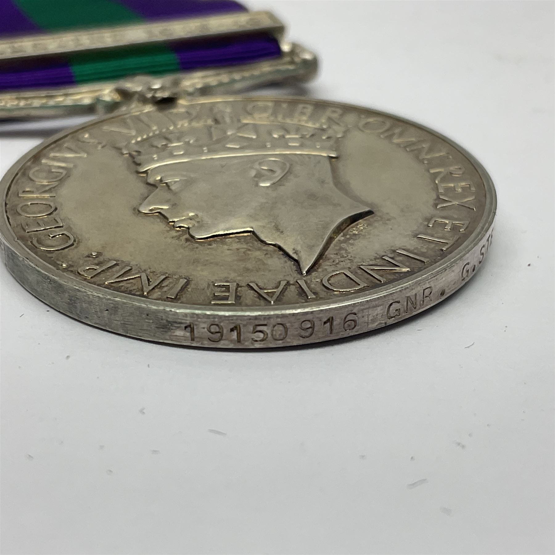 George VI General Service Medal with Palestine 1945-48 clasp awarded to 19150916 Gnr. G. Stewart R.A.; with ribbon