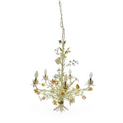Mid-20th century French toleware chandelier, designed as a multicoloured floral bouquet, five branches each terminating in light fittings