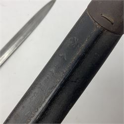 British Pattern 1888 knife bayonet, the 30cm double edged blade by Sanderson with central raised medial ridge and various marks to the ricasso including date code 12 98; in leather covered scabbard with various stamped marks L44cm overall