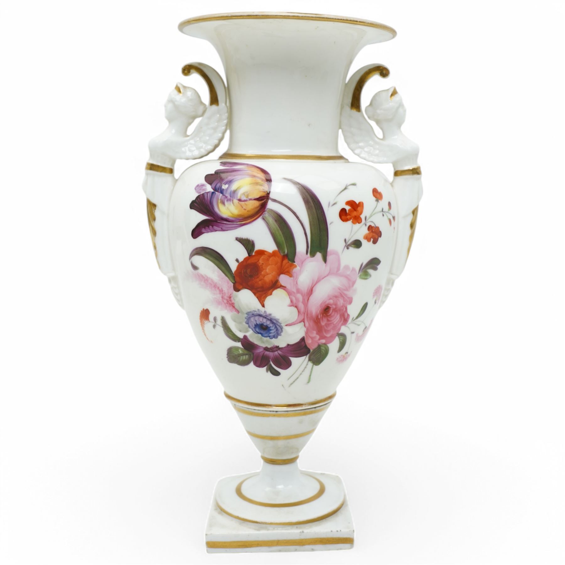Early 19th century porcelain baluster vase, hand painted with roses, tulips etc having winged caryatid handles, H27cm. Old paper label from D.M. &  P. Manheim inscribed 'Derby'