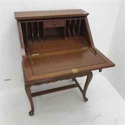 Chinese hardwood bureau, fall front enclosing fitted interior, two short and one long drawer, cabriole legs (W74cm, H105cm, D46cm) and a stool