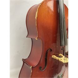 Two student half-size cellos - Boosey & Hawkes Artia with 65cm one-piece back and spruce top; bears maker's label; L104cm overall; and Romanian with 65.5cm two-piece maple back and ribs and spruce top; bears label; L108.5cm overall; each in soft carrying case with two bows (2)