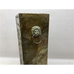 Early 20th century brass stick stand, the rectangular body heavily decorated in relief with two tavern scenes and twin lion mask and loop handles, the reverse with drawer to base, lined with wood, H55cm