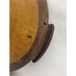 Late 19th/early 20th century mahogany and marquetry inlaid tray, of oval form with twin scrolled handles and moulded border, the central panel inlaid with figures seated at a table drinking tea, L99cm