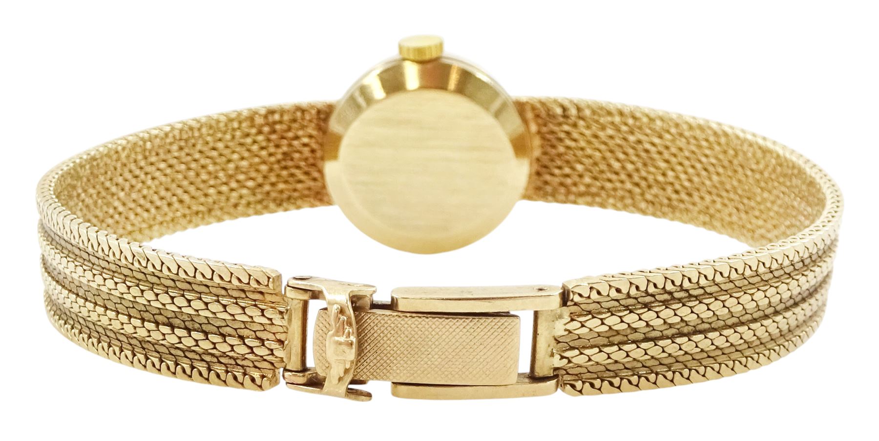 Longines ladies 9ct gold manual wind wristwatch, silvered dial with baton hour markers, London 1965, on integral 9ct gold bracelet, hallmarked