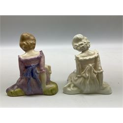 Seven Royal Doulton figures from the Nursery Rhymes Collection comprising, Tom Tom, the piper's son HN3032, Little Jack Horner HN3034, Wee Willie Winkie HN3031, Polly, put the kettle on HN3021, Little Bo-peep HN3030, Little Boy Blue HN3035, Little Miss Muffet HN2727, together with two Royal Doulton Mary had a little lamb figures HN2048 and COPR1948, all with printed marks beneath  