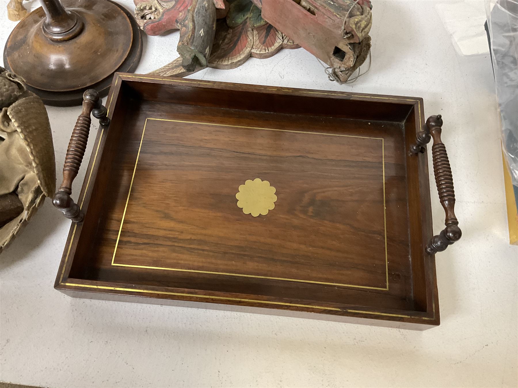 Taxidermy armadillo basket, mahogany clock case, burr walnut box, wooden exercise pins, satinwood pen tray with turned handles and a collection of other wooden collectables