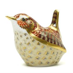 Four Royal Crown derby paperweight comprising Farmyard Cockerel 4504/5000, Farmyard Hen 4115/5000, both boxed and with certificates, Golden Carp and Jenny Wren, all with gold stoppers (4)