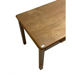 Mid-20th century oak and beech desk, rectangular top over two drawers, on square supports