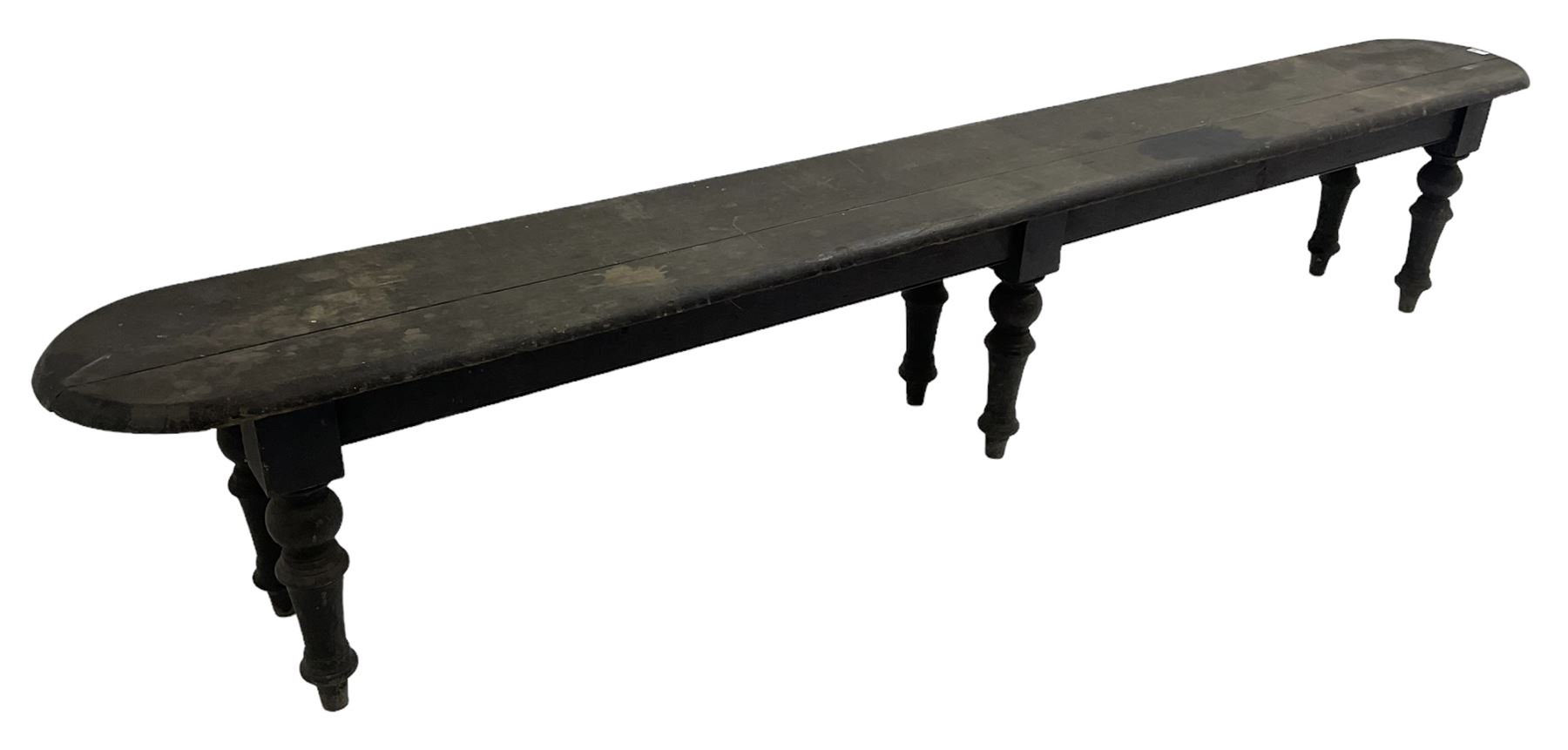 Large 19th century stained oak 9' hall bench, rectangular seat with rounded ends on turned supports