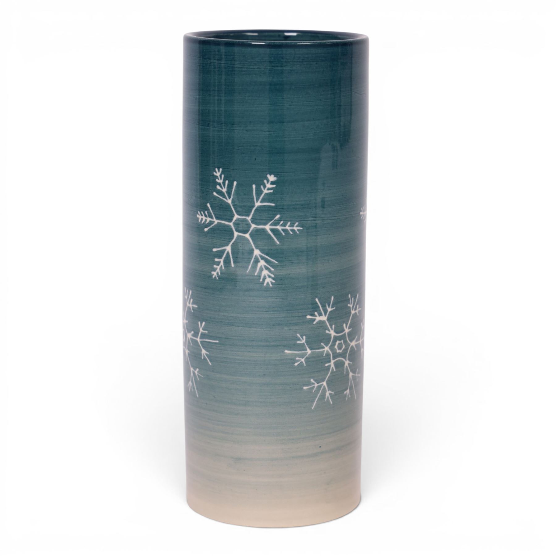 Dennis China Works trial vase of cylindrical form, decorated with snowflakes on a green ground, H23cm 