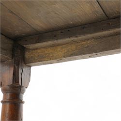 Jacobean design elm and oak refectory dining table, rectangular three plank top with cleated ends, moulded frieze rails on turned supports united by moulded stretcher rail