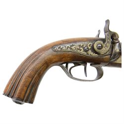 19th century double-barrelled percussion pistol, the octagonal, over and under, barrels with remains of the signature 