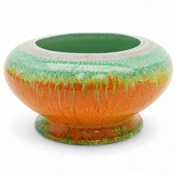 Collection of Shelly Harmony Drip wares, including conical form volcano vase, cake stand, raised bowl and squat vase, in shades of brown orange and green, volcano vase H21cm (4)