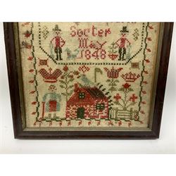 Victorian sampler by Emily Victoria, dated May 1848, worked with the bands of alphabet, figures and house, further detailed with other motifs including urn of flowers, dog, and crowns, within a vine border, framed and glazed, overall H33 W25.5cm