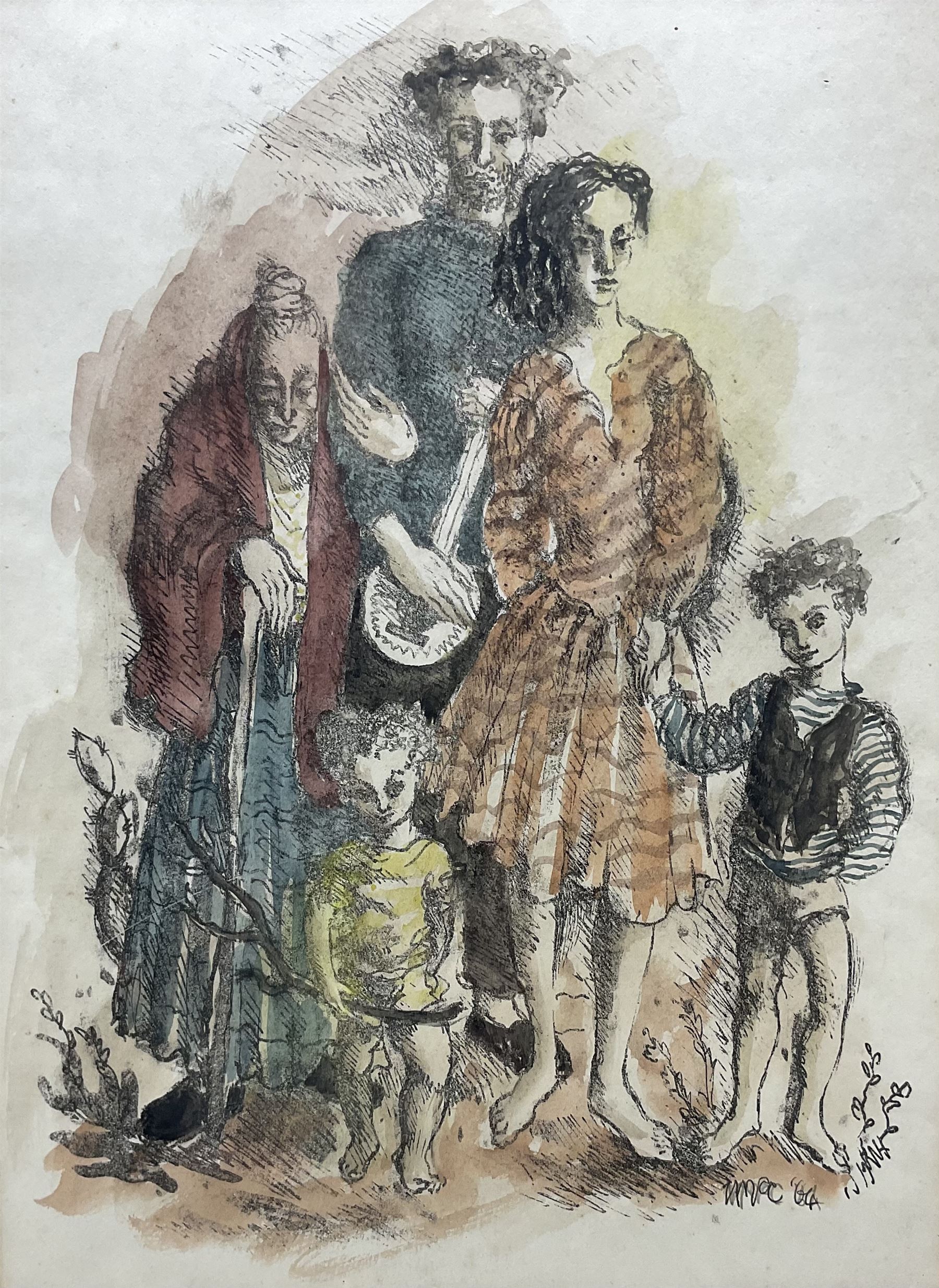 Ursula Vivian McCannell (British 1923-2015): 'Gypsy Family', hand-coloured lithograph signed with initials and dated ‘64 in pencil, titled on gallery label verso 34cm x 25cm 
Provenance: exh. England & Co, ‘Three Generations’, London 1989, label verso