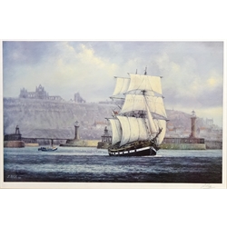  Sailing Barque Marques Leaving Whitby Harbour, colour print signed in pencil by Jack Rigg (British 1927-) 37.5cm x 56.5cm  