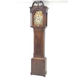  18th century oak longcase clock, arched brass dial, signed in roundel Wm.Elliot Whitby, case with swan neck pediment and crossbanded door, 8-day movement striking the hours on a bell, H219cm  