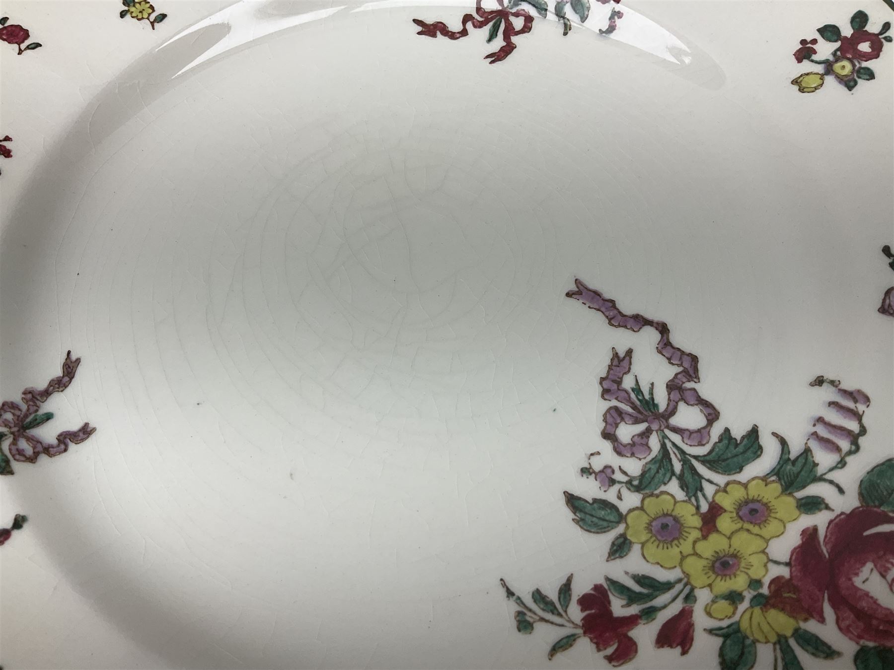 Royal Doulton part dinner service in Old Leeds Sprays pattern,  to include cheese dome, teapot and stand, egg cups etc, together with a selection of floral doilies.  