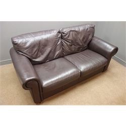  Three seat sofa, (W190cm), and matching two seat sofa (W149cm), upholstered in brown Italian leather   