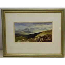  Joan Sutherland (British 20th century): 'The Scafells' Lake District, oil on canvas board unsigned, gallery label verso 13cm x 25cm  