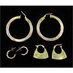 Pair of gold hoop earrings and two other pairs of gold earrings, all 9ct hallmarked or tested