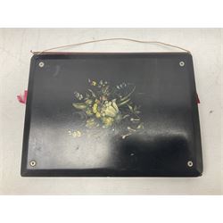 Victorian desk ink blotter, decorated with painted spray of flowers within stylised gilt rococo spandrels with mother of pearl fixings, together with a Victorian photo album containing interior leaves with apertures of various sizes and shapes of portraits surrounded by printed sea and dock scenes, blotter L28cm