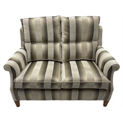Duresta two seater sofa, walnut finish legs, silver and charcoal ombré striped upholstery