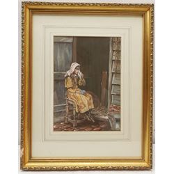 A Wallis (British 20th century): Girl Crying Outside Stable, gouache signed and dated '84, 26cm x 18cm