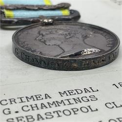 Victoria Crimea Medal with Sebastopol clasp awarded to G. Chammings H.M.S. Valorous; and a Turkish Crimea Medal, marked La Crimea 1855; both with later ribbons but original ribbons included (2)