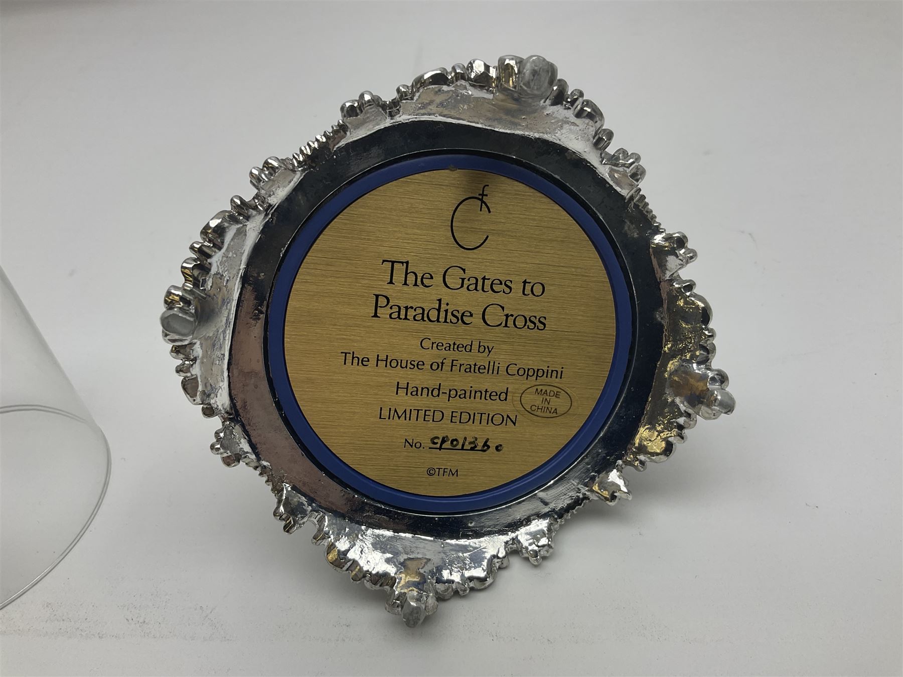 Four limited edition Franklin Mint House of Fratelli Coppini crosses, to include Majestic Cross, Sacred Cross, Star of Hope Jewelled Cross and The Gates to Paradise Cross, all under glass domes, H13cm
