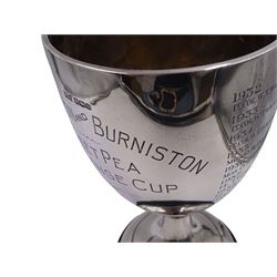 1930s silver trophy cup, of plain form, upon knopped stem and circular stepped foot, body with presentation engraving 'Cloughton and Burniston Sweet Pea Challenge Cup' with winners engraved verso, hallmarked Walker & Hall, Sheffield 1931, upon ebonised base, including base H28.7cm