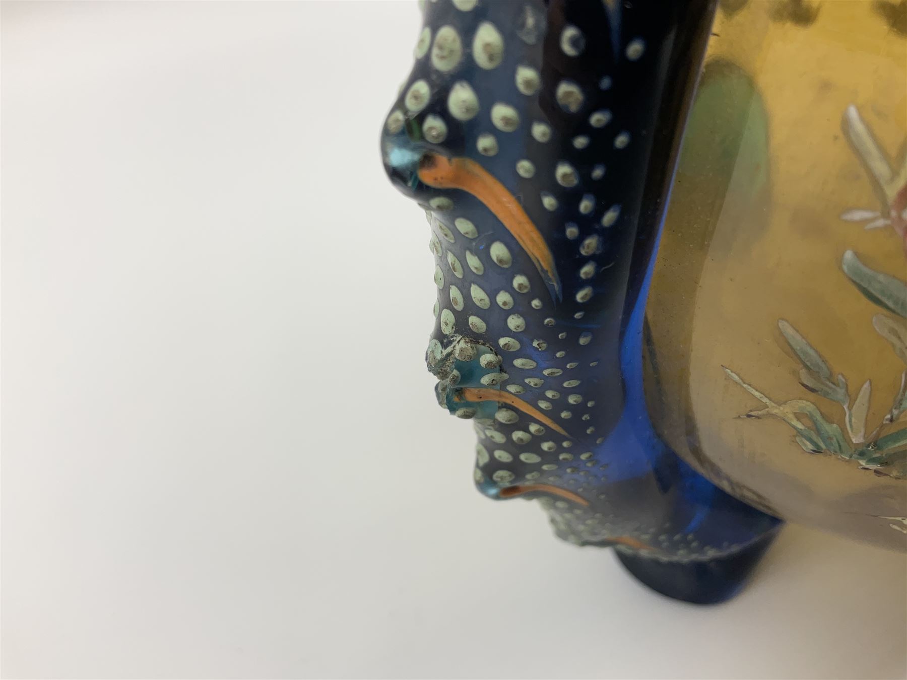 Pair of 19th century glass vases in the style of Auguste Jean, of bulbous form with lobed rim and applied blue glass zoomorphic handles, painted with enamel flowers, dragonflies and swans, upon four blue glass feet, H26cm