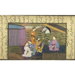 Persian-Indian Naïve School (19th century): Leopard Hunting and Sitting outside, pair gouaches with border of Persian script 12cm x 19cm (2)