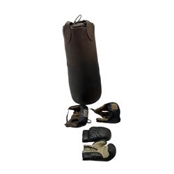 Vintage leather punch bag, boxing gloves and headguards
